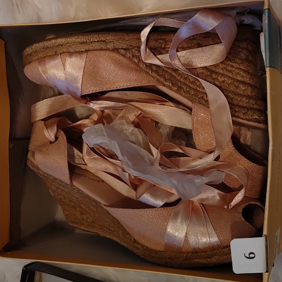 Y2K Peach Golddust Platform Jute Wedges Size 6 - Picture 8 of 9